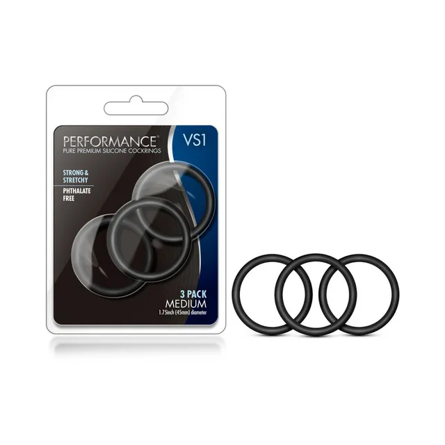 Performance VS1 three-pack black silicone ring retail package