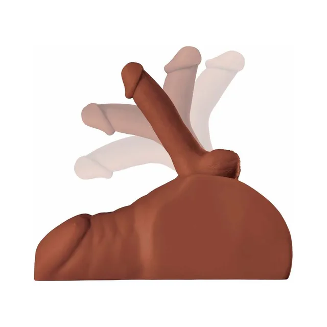 Side view of brown saddle base and upright posable dildo