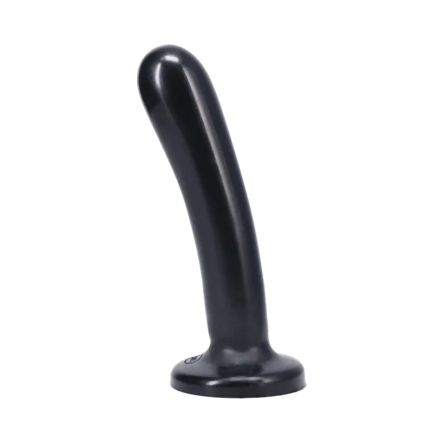 Tantus Silk Large onyx black dildo upright front view on round flared base