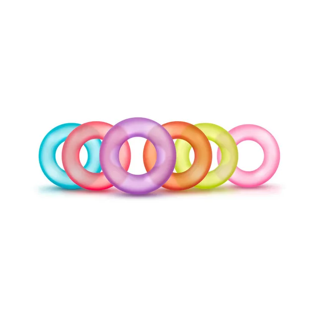 Six aqua coral purple orange lime and pink rings in a row