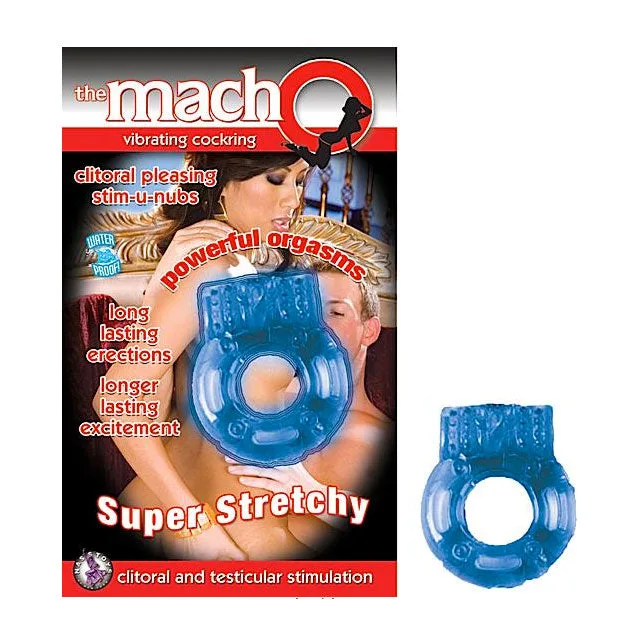 Nasstoys Macho Blue blue vibrating cock ring beside red retail package