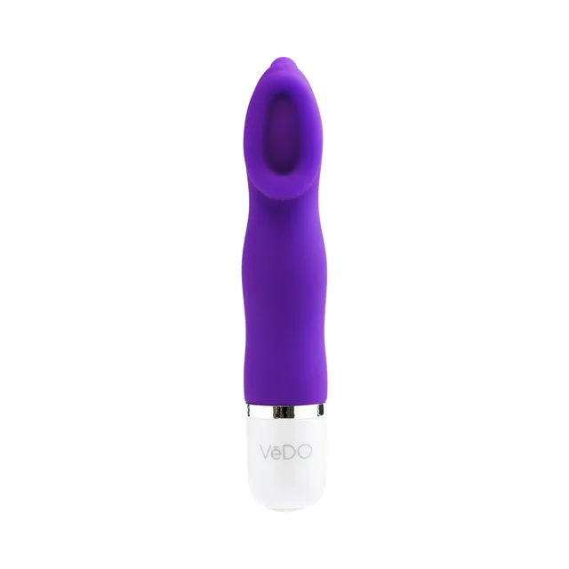 VeDO Luv Into You Indigo Mini Vibrator upright front view with cupped head