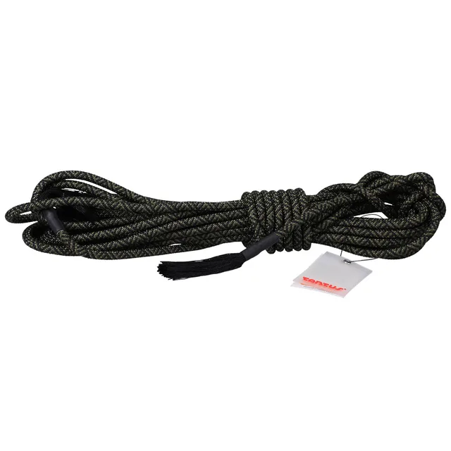 Tantus Olive dark green 30 foot polyester rope coiled horizontal view with tassel ends