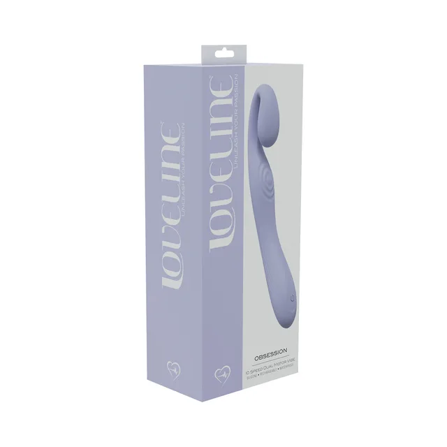 lavender LoveLine Obsession curved vibrator on light purple retail box