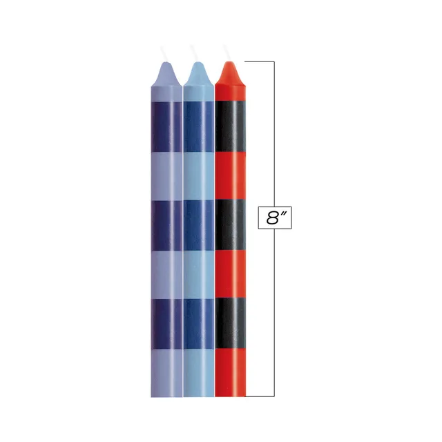 Navy pale-blue and red striped Passionettes candles with dimension marker