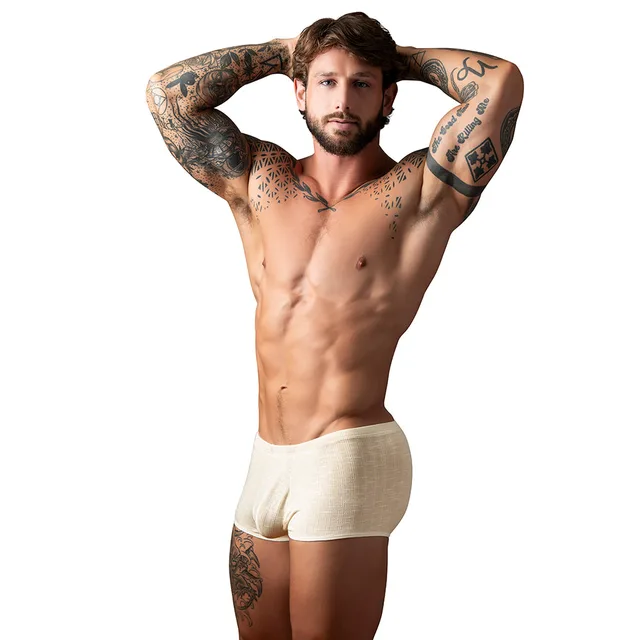 Front Model view of ivory Male Power Mykonos Mini Short in size XL