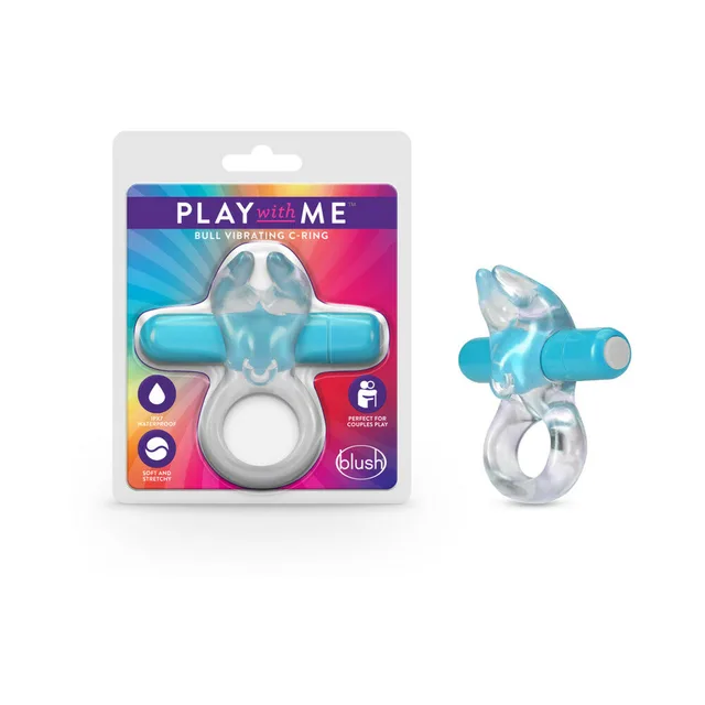 Play with Me Bull package beside blue bullet and clear C-ring