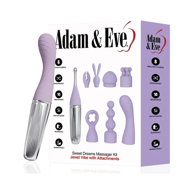 Adam & Eve Sweet Dreams purple massager kit base and eight attachments pictured on retail box