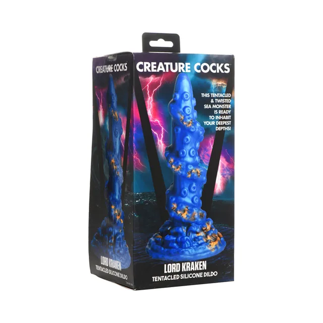blue Kraken tentacle silicone dildo with raised textures displayed on box
