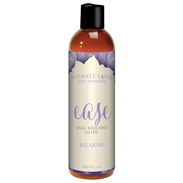 Intimate Earth Ease Anal Silicone 2 oz clear bottle with cream purple label