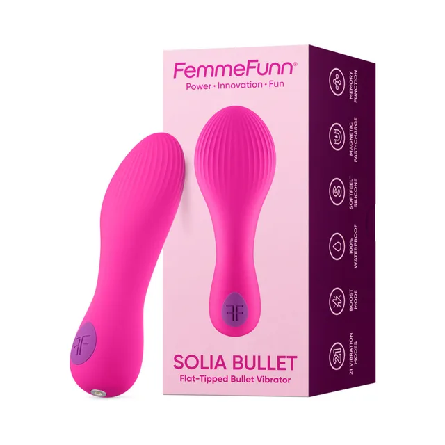 Hot pink FemmeFunn Solia Bullet beside matching pink retail box