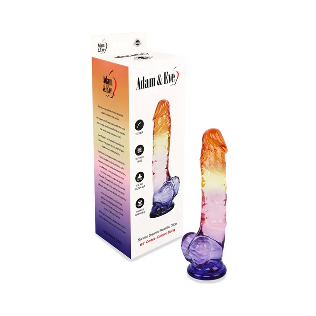 Adam and Eve Sunrise Dreams 8.5-inch dildo beside retail box