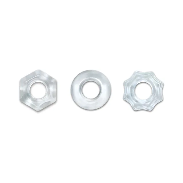 NS Novelties Renegade Chubbies clear ring set three rings lined up in hexagonal round and scalloped shapes