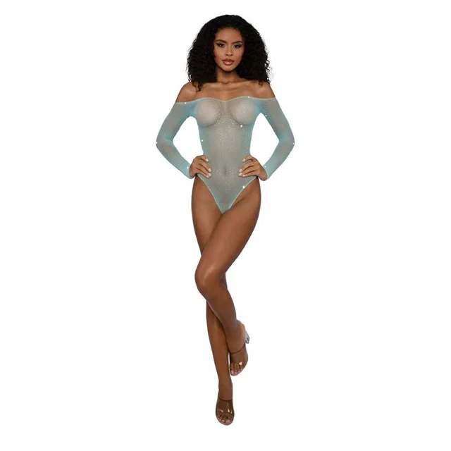 Dreamgirl Agate green rhinestone fishnet teddy front full-length model view