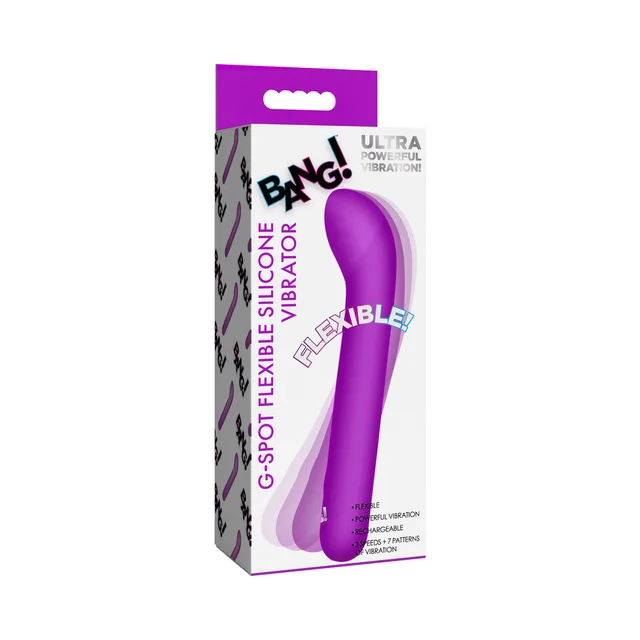BANG purple flexible curved vibrator in illustrated retail packaging