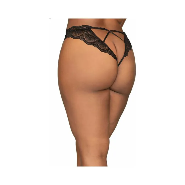 Back view of black lace tanga with crisscross straps
