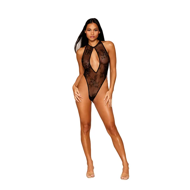 model wearing black Dreamgirl lace keyhole halter teddy in XL