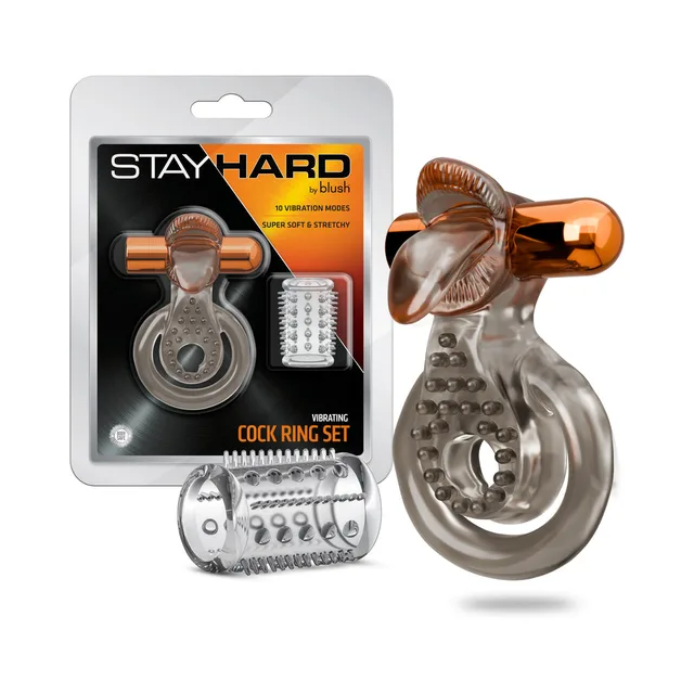 Blush Stay Hard vibrating ring set 5 with sculpted ring, raised-dot sleeve and retail package