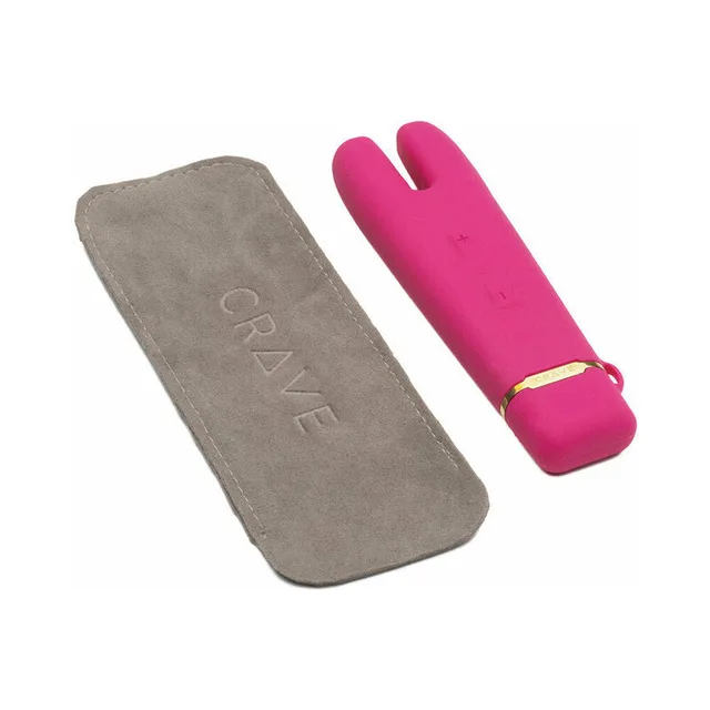 pink Crave Duet Flex displayed beside a gray rectangular Crave storage pouch