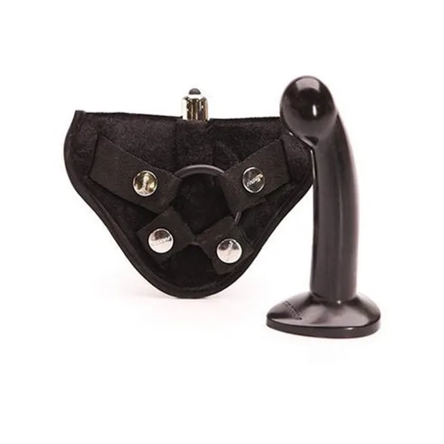 Tantus Sport Onyx kit with black dildo beside compact harness panel