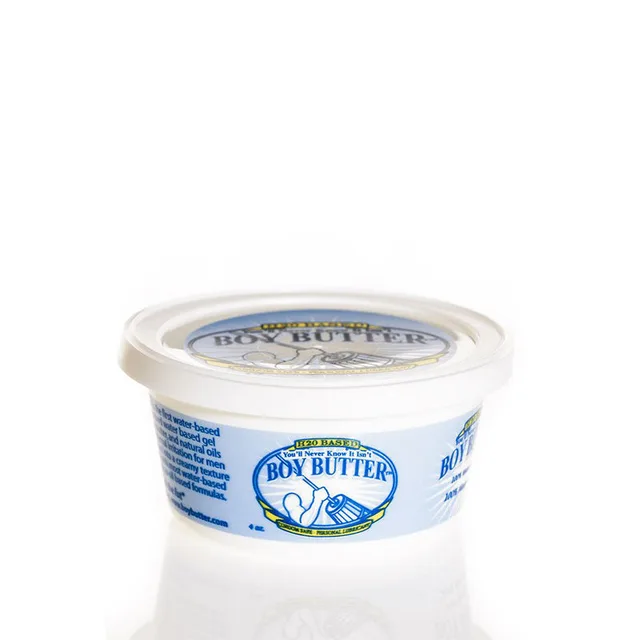 Boy Butter H2O 4 oz compact white tub with pale blue label and wide lid