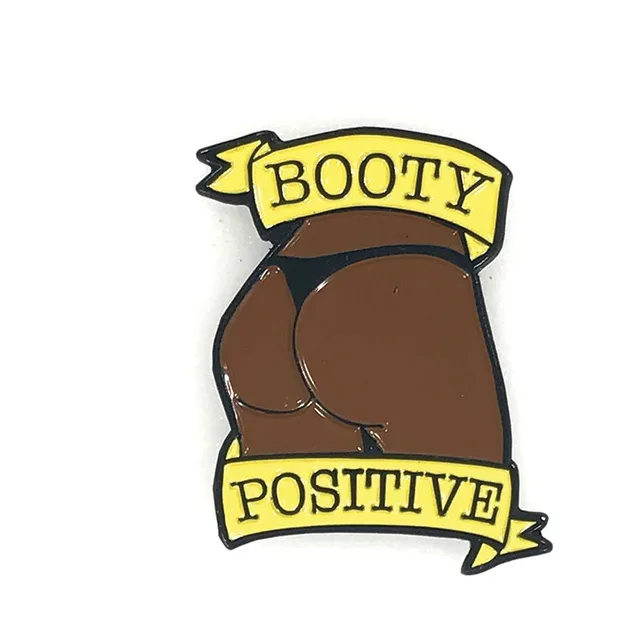 chocolate brown Booty Positive glitter enamel pin with gold banners