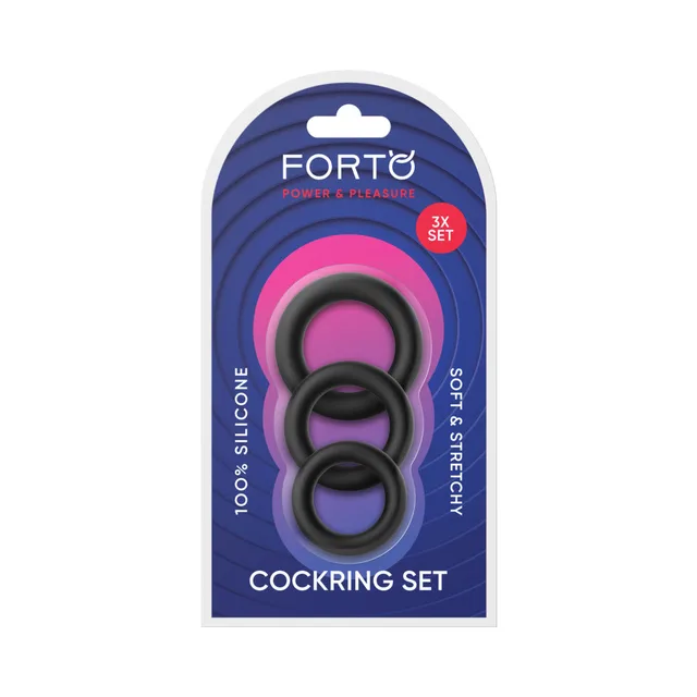 Three black Forto F-39 silicone rings arranged vertically in blister pack