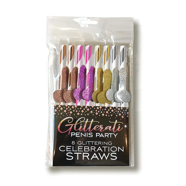 Glitterati eight-pack of striped cocktail straws with glitter toppers