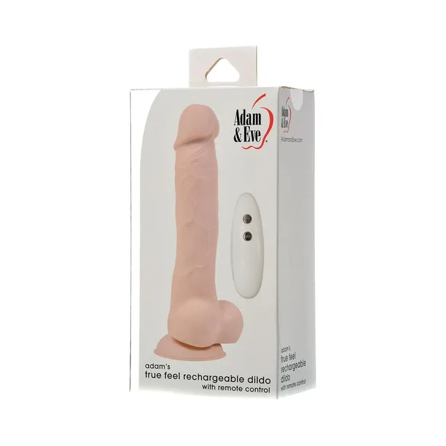 Adam & Eve True Feel beige rechargeable dildo with remote, charging cable and retail box