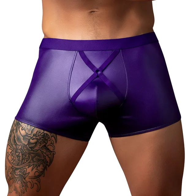 Front view of Plum Male Power Crossover Short in size M