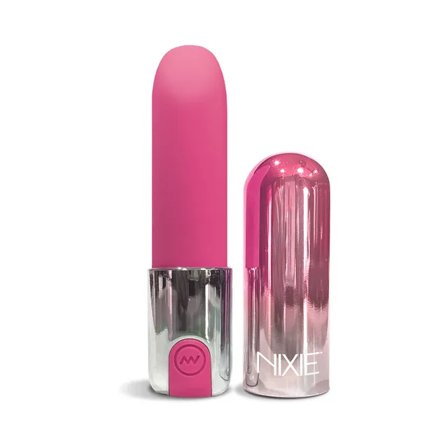 upright pink Nixie Smooch vibrator beside its transparent lipstick cap