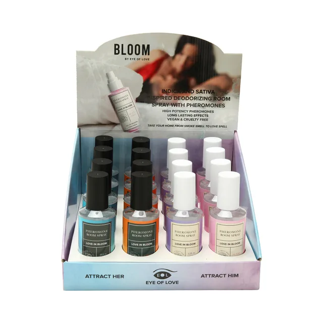front view of filled Eye of Love Bloom room spray counter display