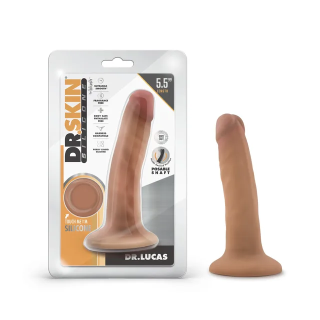 Dr. Lucas tan 5.5-inch silicone dildo beside retail package