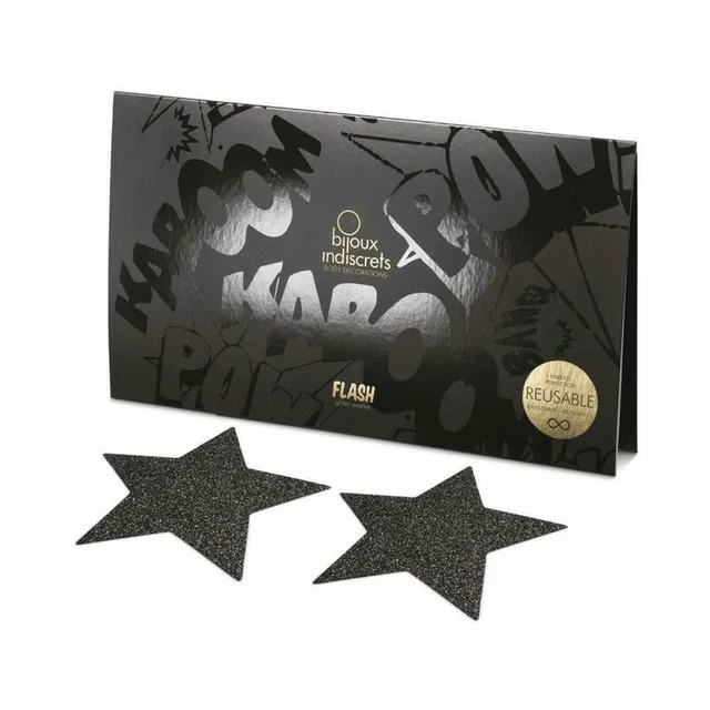 pair of black glitter five-point Flash star pasties in front of black packaging