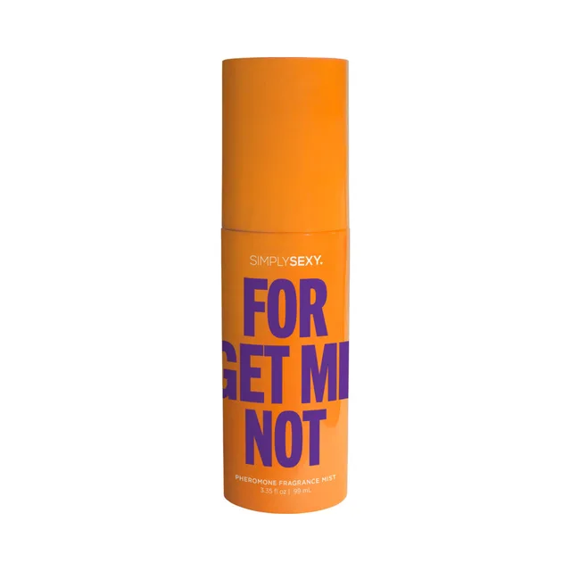 orange Simply Sexy Forget Me Not 3.35 oz fragrance mist cylinder with purple lettering