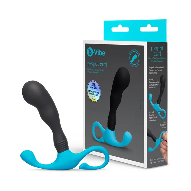 Black and teal b-Vibe P-Spot Curl massager beside retail box
