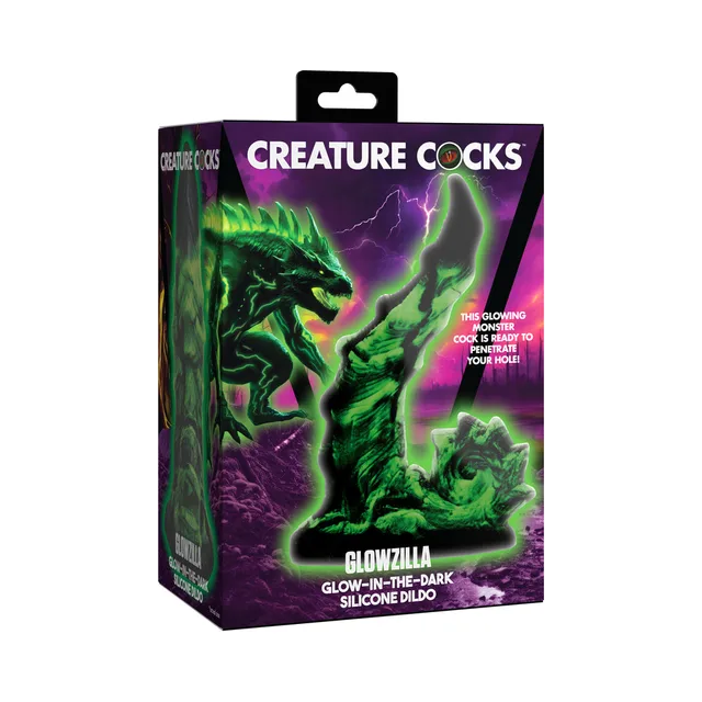 Creature Cocks Glowzilla green creature dildo pictured on purple box with glowing monster artwork