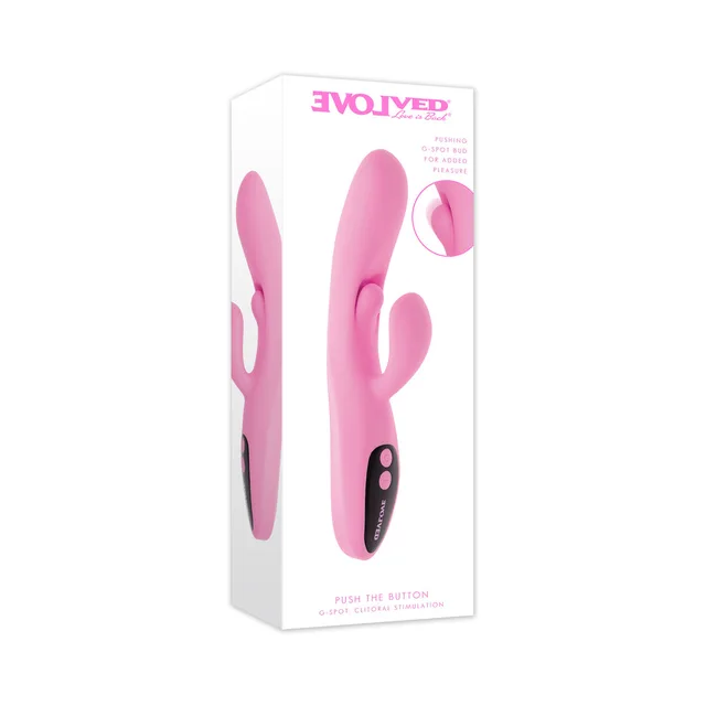 Light-pink Evolved Push the Button vibrator displayed in white box