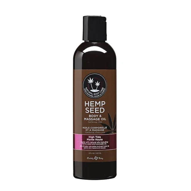 Earthly Body High Tide Massage Oil dark 8 oz bottle with brown label and pink band