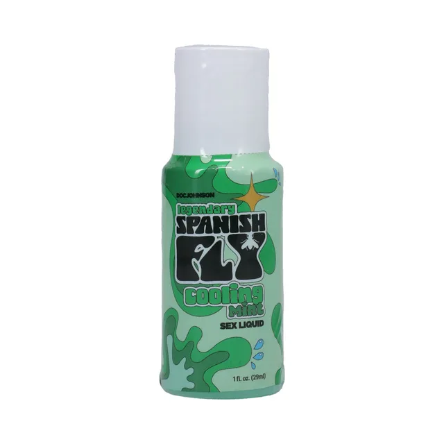teal 1 oz Spanish Fly Cooling Mint liquid bottle with white cap and green label