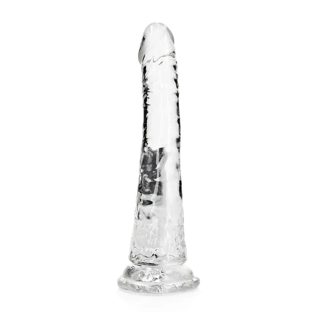 Side view of clear curved RealRock 7-inch dildo