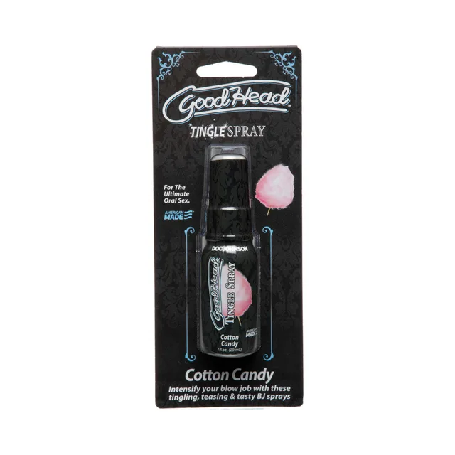 Doc Johnson GoodHead Cotton Candy Tingle spray inside black retail card with matching fruit graphic
