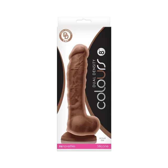 NS Novelties Colours brown 8-inch dildo white-and-black retail package with brown shaft visible