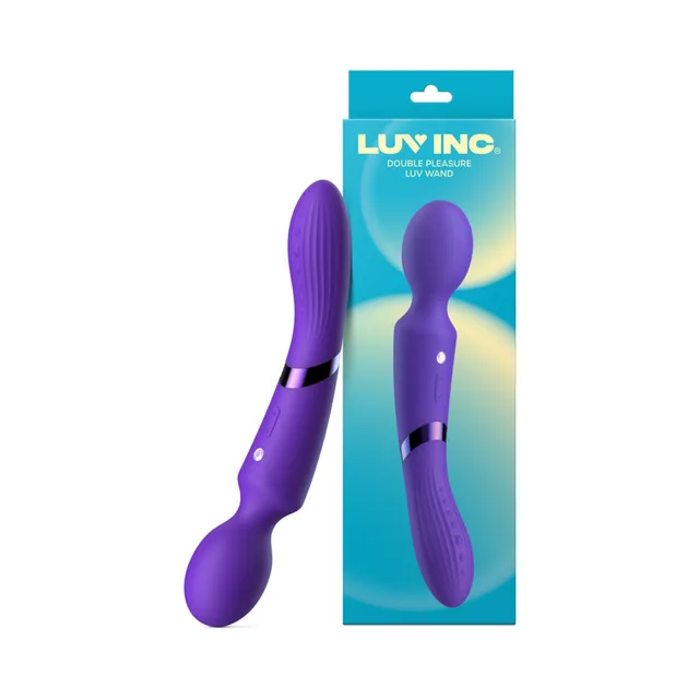 Dark-purple Luv Inc DE39 double-ended wand beside turquoise box
