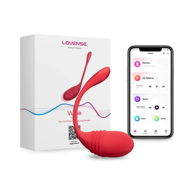 red Lovense Vulse egg vibrator with long flexible tail beside box and app screen