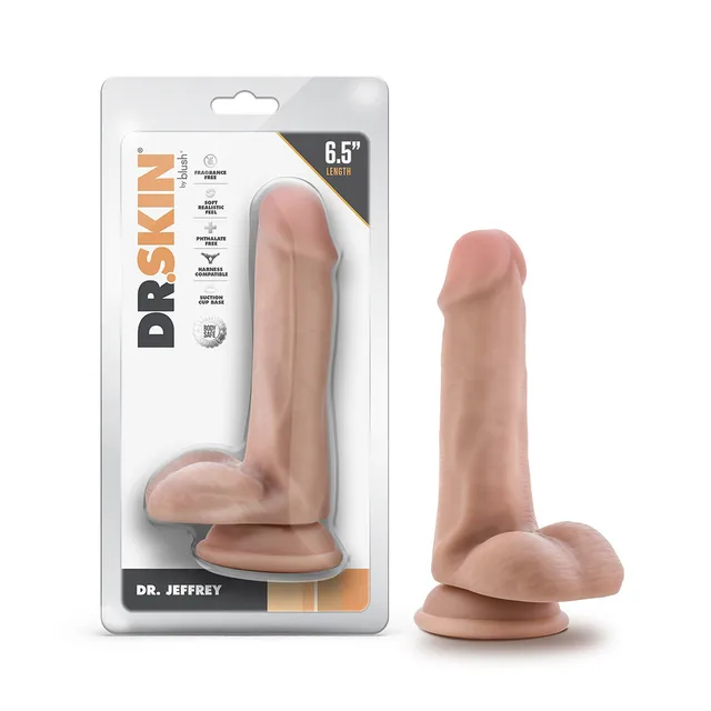 Blush Dr. Skin Dr. Jeffrey beige 6.5 inch TPE dildo beside front retail package