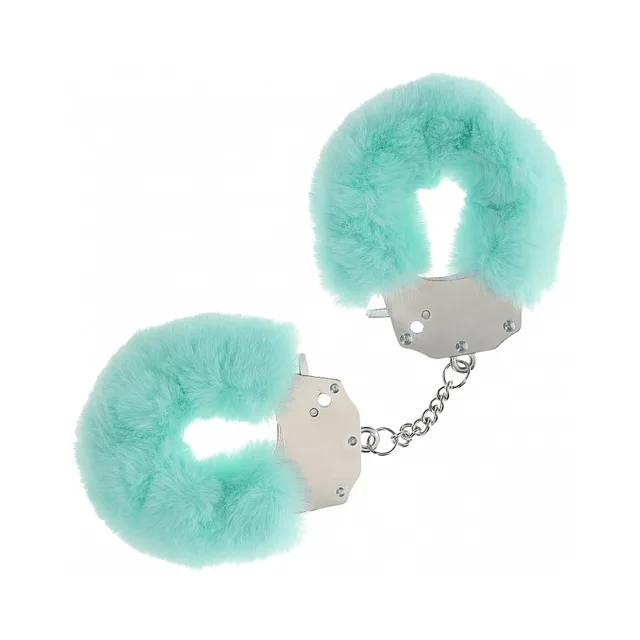 Shots Ouch mint-green fluffy iron handcuffs joined by a short silver chain