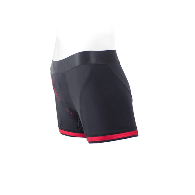 SpareParts Tomboii black and red nylon boxer size XS rear three-quarter view with contrast leg trim