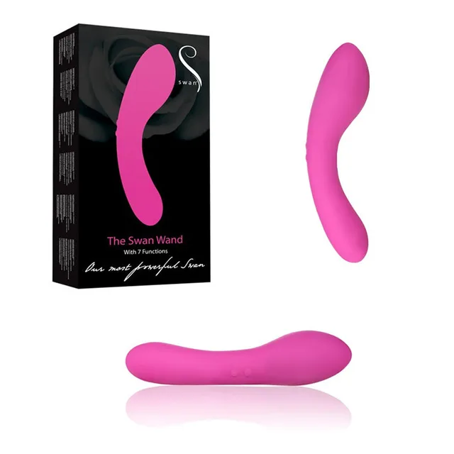 BMS Swan Hot Pink Massage Wand with black retail box and curved double-ended body