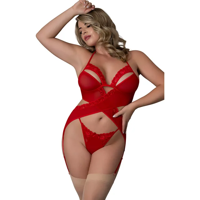 Magic Silk Rush red merry widow set Queen front model view showing the crisscross bands